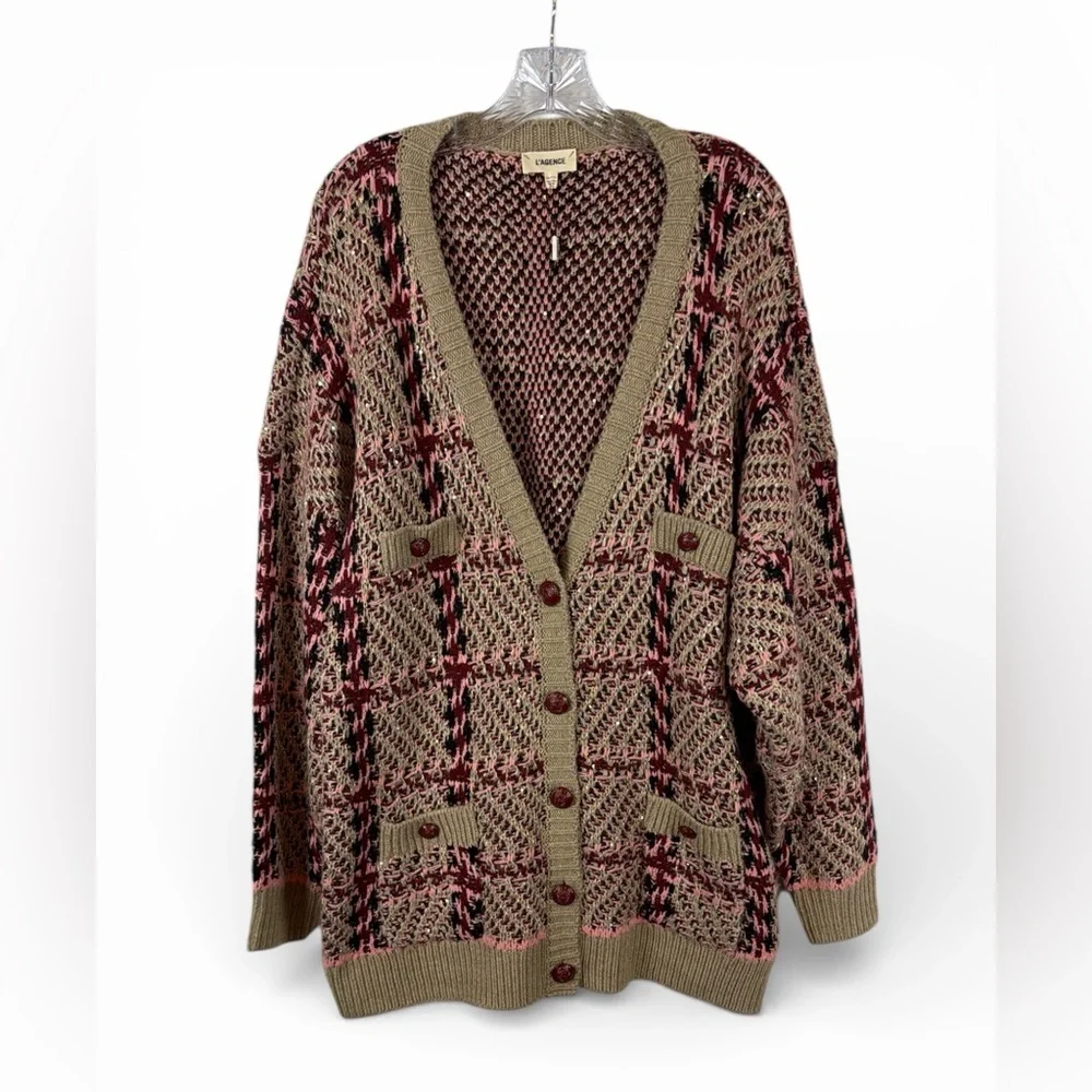 L'AGENCE Maci Sequin Houndstooth Cardigan Burgundy & Cream - Picture 2 of 6